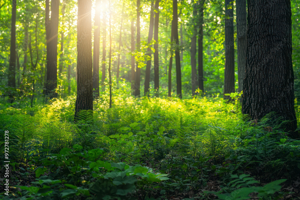 Fototapeta premium Serene Sunlit Forest with Lush Green Undergrowth, Peaceful Woodland Landscape.