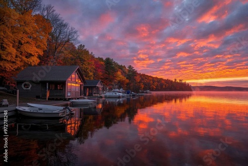 The image showcases rustic lakeside cabins immersed in striking autumn foliage with vivid sunset colors reflected in the calm waters, perfect for a serene escape.