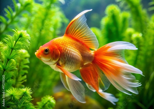 Vibrant orange goldfish with an exceptionally long, flowing tail fin swims elegantly in a serene, crystal-clear