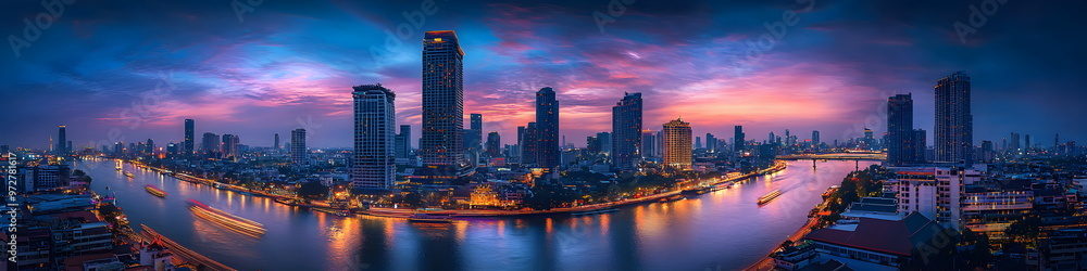 Obraz premium A vibrant cityscape of Bangkok at dusk, showcasing the tall buildings and modern architecture along the Chao Phraya River with traffic light trails