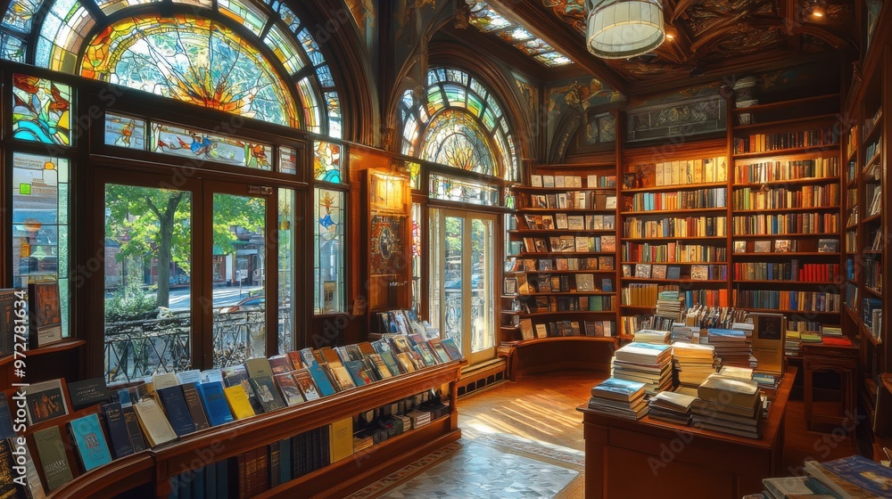 Antique bookstore with stained glass windows, showcasing rows of classic literature Antique bookstore with stained glass windows, showcasing rows of classic literature