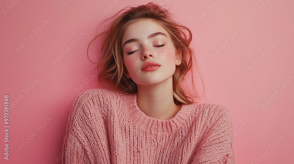 Fototapeta premium Photo of dreamy pretty lady dressed knitted pink shirt closed eyes arms cheeks empty space