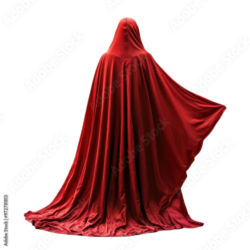 A person in a red cloak dramatically sweeping one side of the cloak over their shoulder. isolated on transparency background