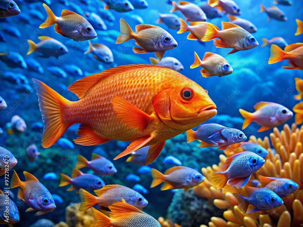 Vibrant orange popper fish with iridescent scales and flowing fins swims amidst coral reef, surrounded by schools of Vibrant orange popper fish with iridescent scales and flowing fins swims amidst coral reef, surrounded by schools of