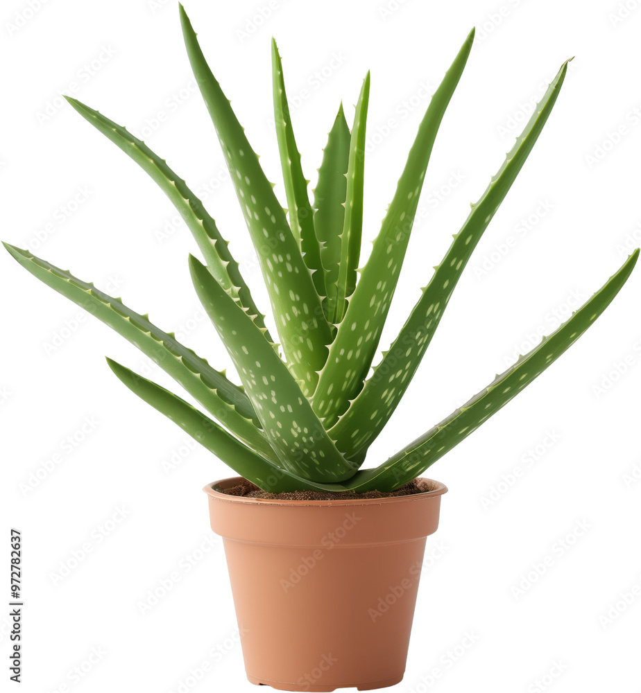 A potted aloe vera plant with green succulent leaves, Isolated on a white background. A potted aloe vera plant with green succulent leaves, Isolated on a white background.