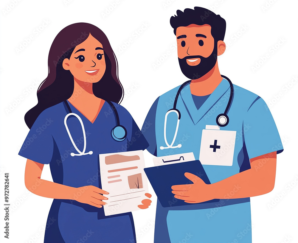 Female Nurse in Scrubs and Male Doctor with Stethoscope Holding Medical Records. High Definition Flat Cartoon Style Illustration Featuring Medical Professionals on White Background. Female Nurse in Scrubs and Male Doctor with Stethoscope Holding Medical Records. High Definition Flat Cartoon Style Illustration Featuring Medical Professionals on White Background.