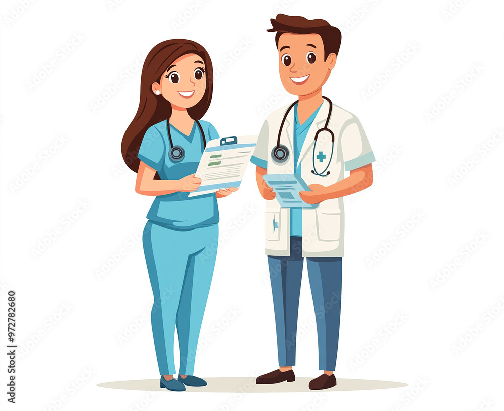 Female Nurse in Scrubs and Male Doctor with Stethoscope Holding Medical Records. High Definition Flat Cartoon Style Illustration Featuring Medical Professionals on White Background.