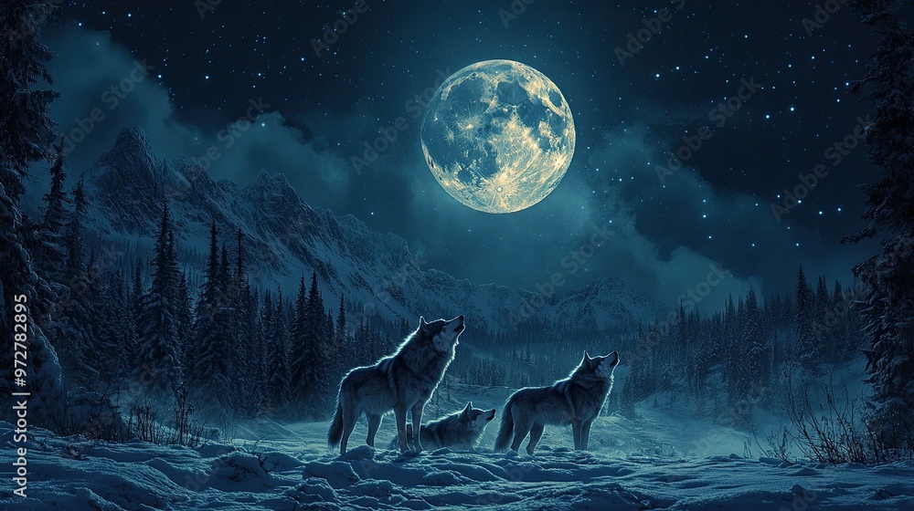 27. A majestic wolf pack howling at the moon, their breath visible in the cold night air, their fur glistening in the moonlight, with a vast, snow-covered landscape stretching out behind them 27. A majestic wolf pack howling at the moon, their breath visible in the cold night air, their fur glistening in the moonlight, with a vast, snow-covered landscape stretching out behind them
