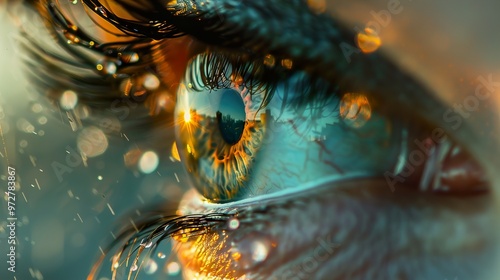 Close-Up Photography of a Human Eye with Sunset Reflection photo