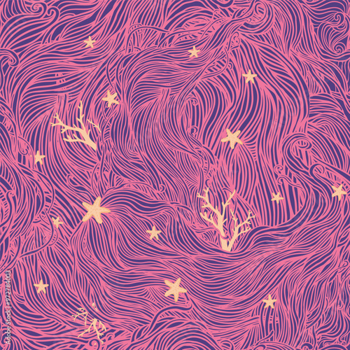 Abstract color hand-drawn pattern, waves and corals background. Seamless patt...