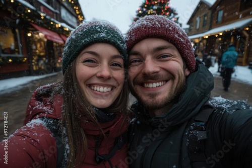 The smiling couple enjoys a snowy day in a festive village, capturing their cheerful moment in front of a beautifully decorated Christmas tree, brimming with joy.