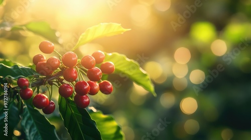 A coffee plant with ripe red cherries, with a blurred background of green leaves and morning sunlight