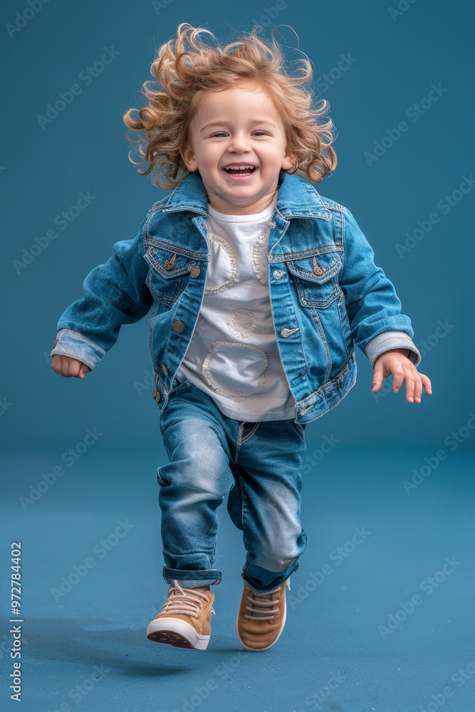 Cheerful child in stylish clothes running Cheerful child in stylish clothes running