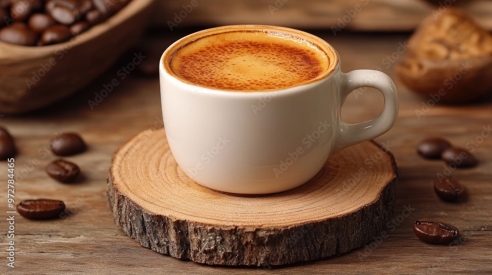 A cup of espresso with rich crema on top, placed on a wooden coaster, with coffee beans in the background A cup of espresso with rich crema on top, placed on a wooden coaster, with coffee beans in the background