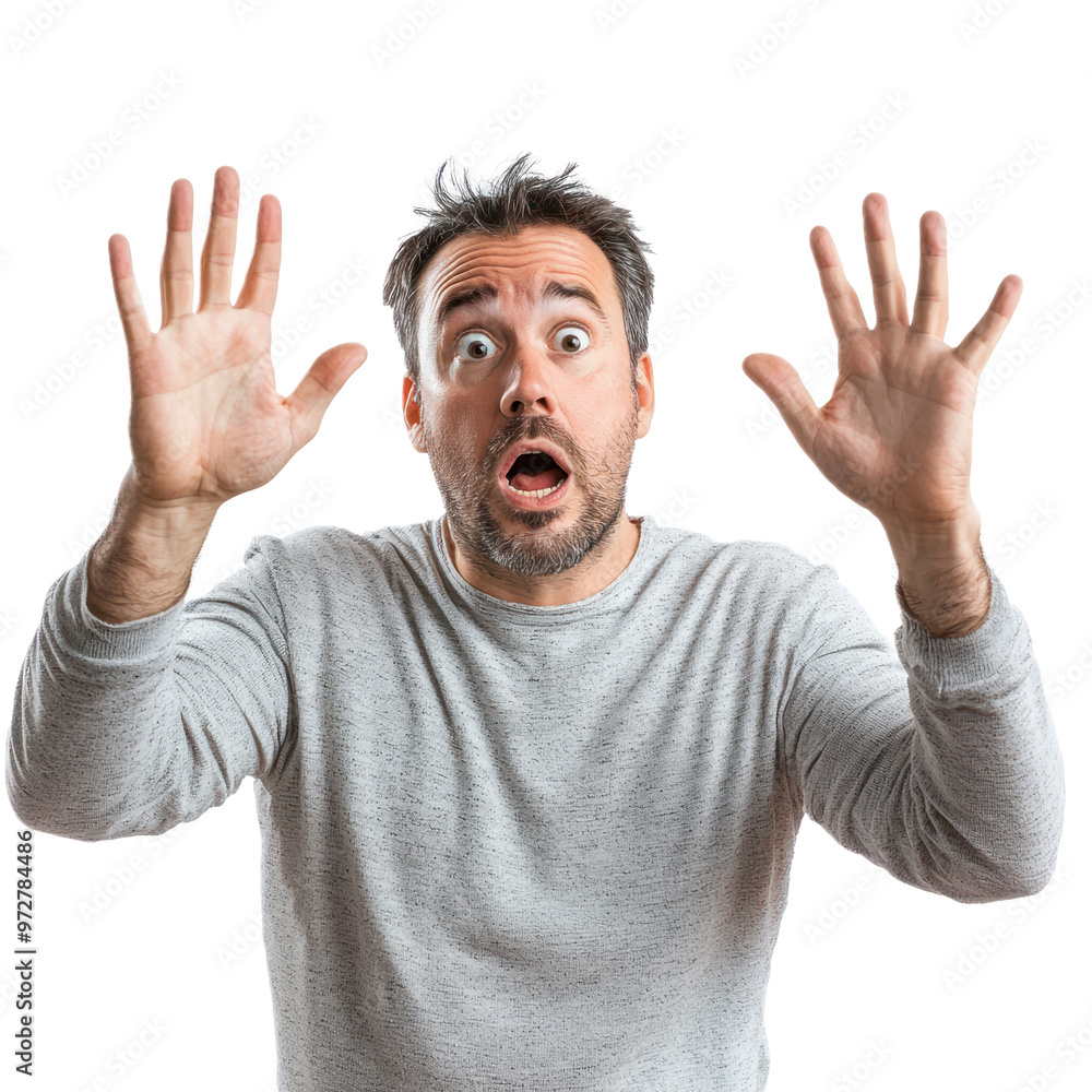 A man with both hands up as if pushing away something scary, with a frightened expression. isolated on transparency background A man with both hands up as if pushing away something scary, with a frightened expression. isolated on transparency background