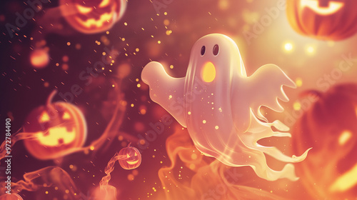 Illustration with a little kind ghost on the theme of Halloween. Children's bright autumn cartoon picture.