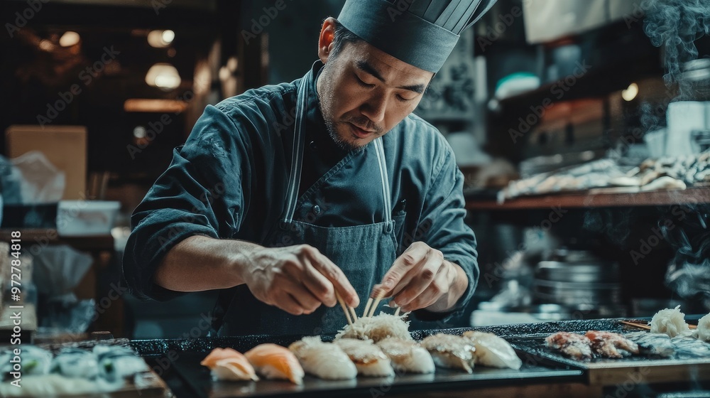A Japanese chef prepares uni nigiri for omakase dining. Traditional Japanese omakase style.
A Japanese chef prepares uni nigiri for omakase dining. Traditional Japanese omakase style.