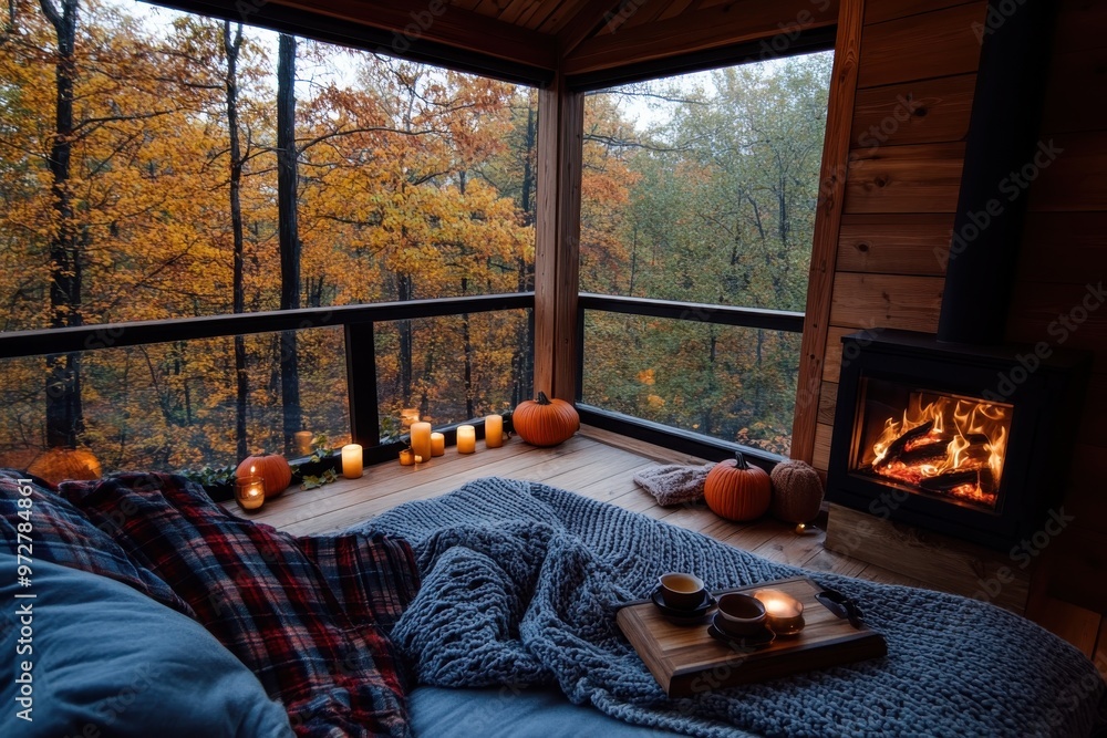 A charming cabin featuring a cozy bed with blankets, autumn decorations, candles, and a warm fireplace. The large windows reveal a beautiful view of the autumn forest. A charming cabin featuring a cozy bed with blankets, autumn decorations, candles, and a warm fireplace. The large windows reveal a beautiful view of the autumn forest.
