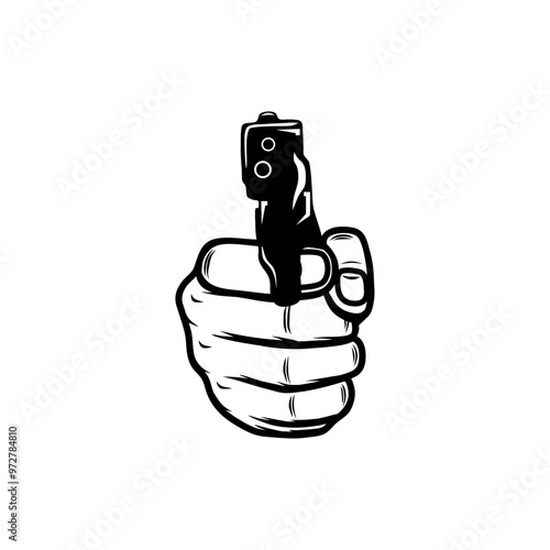 right hand holding a gun towards the front black and white vector line art