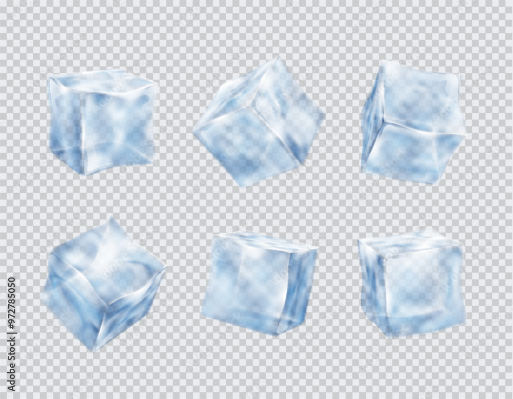 Naklejka premium Set of realistic vector blue water ice cubes isolated on transparent background. Crystal ice blocks.