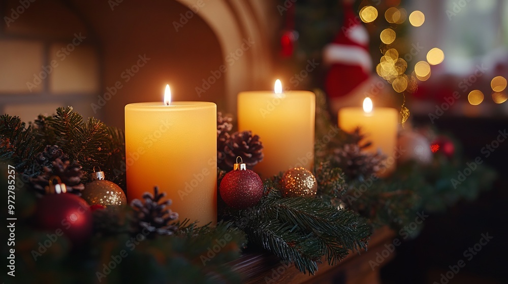 Christmas candles glowing softly on a mantle, surrounded by evergreen garlands and holiday decorations, creating a warm and inviting atmosphere. 4K hyperrealistic photo. Christmas candles glowing softly on a mantle, surrounded by evergreen garlands and holiday decorations, creating a warm and inviting atmosphere. 4K hyperrealistic photo.