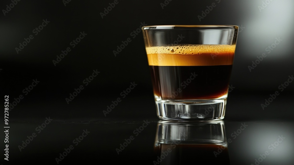 A freshly brewed espresso shot in a small glass cup, with crema visible on top and a reflective surface underneath A freshly brewed espresso shot in a small glass cup, with crema visible on top and a reflective surface underneath