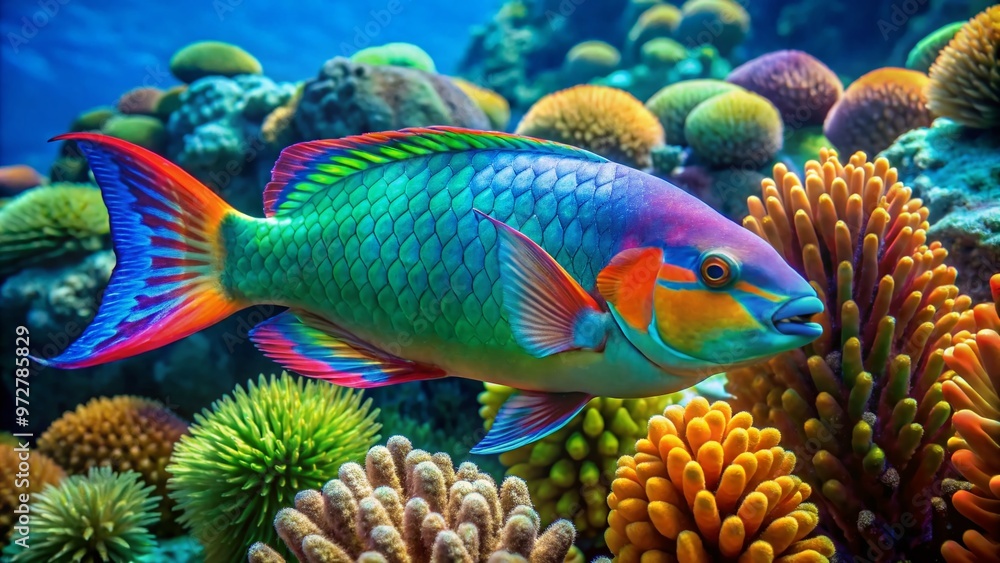 Vibrant parrotfish swims amidst coral reef, its scales shimmering in shades of turquoise, green, and orange, showcasing Vibrant parrotfish swims amidst coral reef, its scales shimmering in shades of turquoise, green, and orange, showcasing