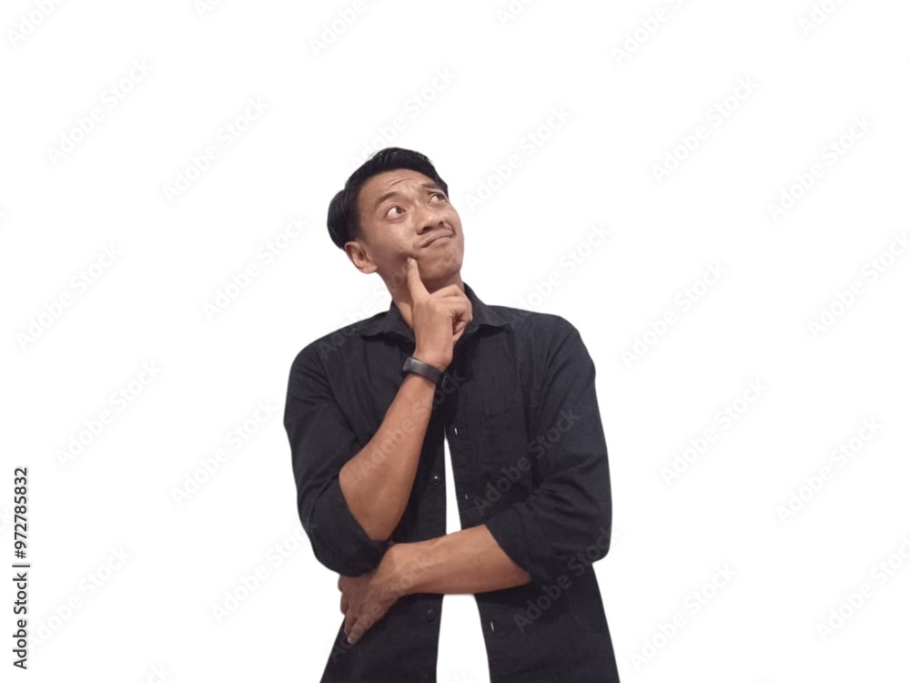 Portrait of an Indonesian Asian man, wearing a black shirt, posing in thought or confusion, isolated against a white background. Portrait of an Indonesian Asian man, wearing a black shirt, posing in thought or confusion, isolated against a white background.