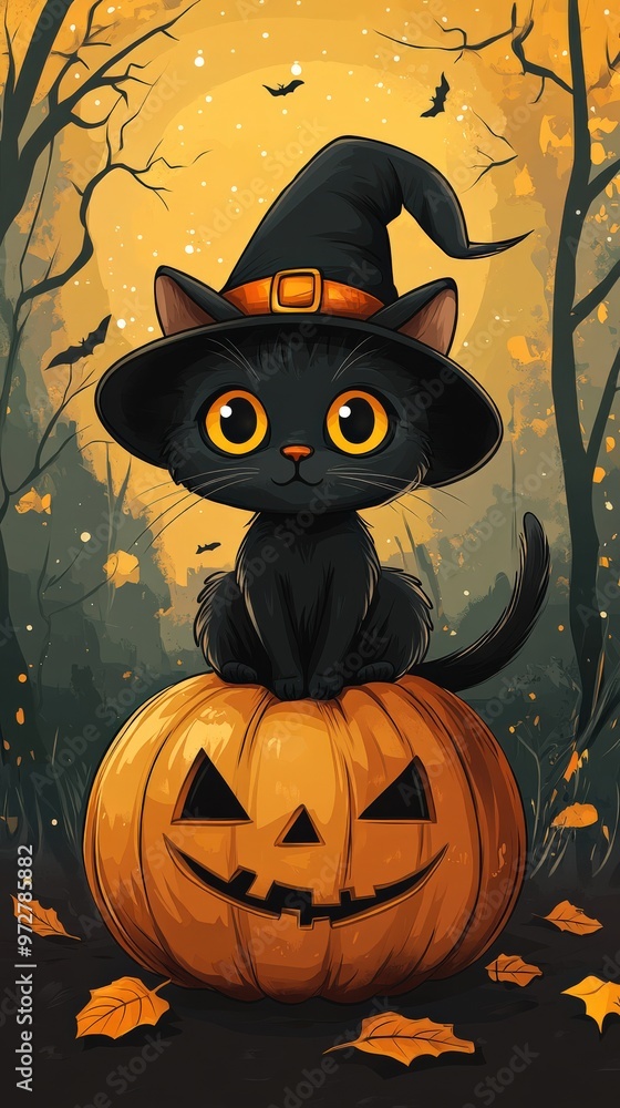 Halloween black cat with pumpkin and witch hat Halloween black cat with pumpkin and witch hat
