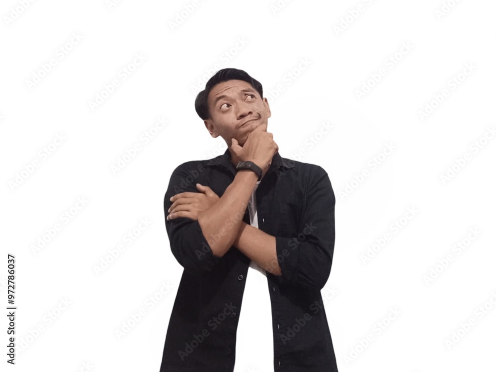 Portrait of an Indonesian Asian man, wearing a black shirt, posing in thought or confusion, isolated against a white background. Portrait of an Indonesian Asian man, wearing a black shirt, posing in thought or confusion, isolated against a white background.