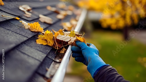 A person cleaning the leaves from their roof's eaves, wearing blue gloves, downspout photo