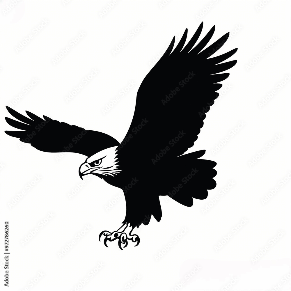 Obraz premium black-and-white vector of a soaring eagle in mid-flight