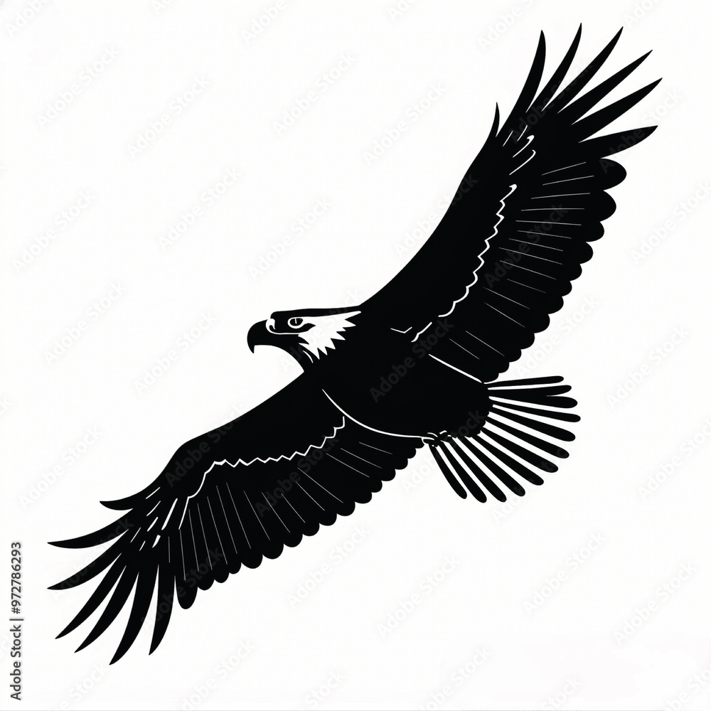 Obraz premium black-and-white vector of a soaring eagle in mid-flight