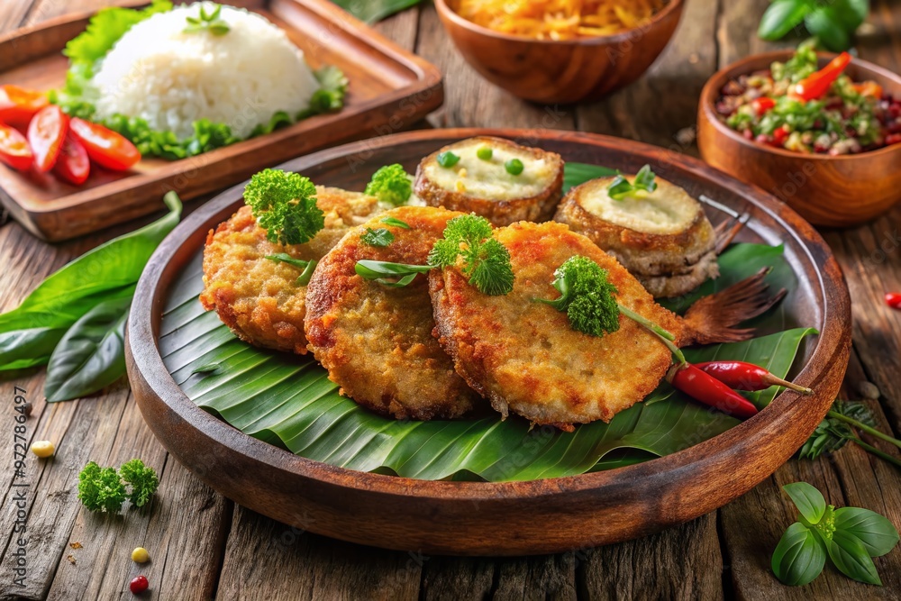 Vibrant Philippine street food scene featuring crispy fried tambal, a savory fish rice cake, garnished with fresh herbs Vibrant Philippine street food scene featuring crispy fried tambal, a savory fish rice cake, garnished with fresh herbs