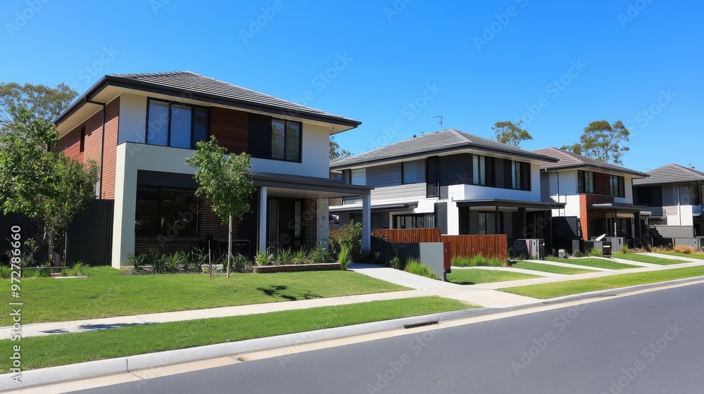 Brand new suburban houses in a recently completed development, with clean Brand new suburban houses in a recently completed development, with clean