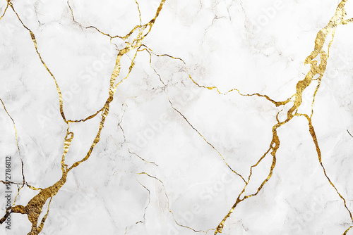 White marble texture background with a golden lines and veins pattern.