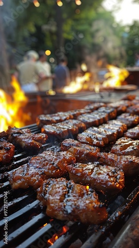 A row of perfectly cooked pieces of meat grilling over open flames on a barbeque, emitting a delicious aroma and promising a feast for everyone's taste buds. photo