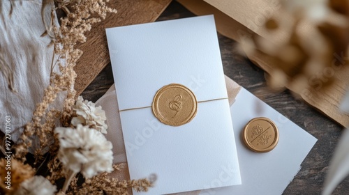 Blank Wedding Invitation With Golden Wax Seal On Wooden Background
