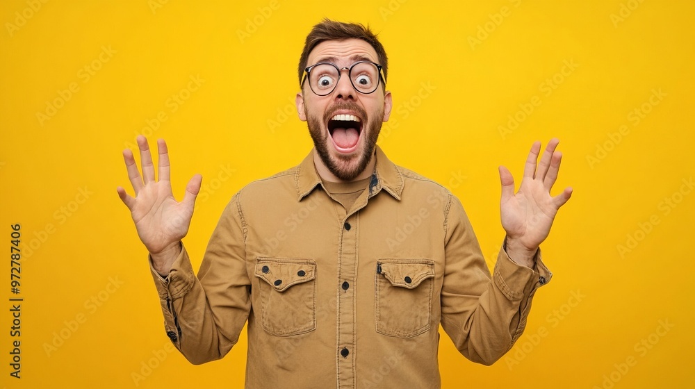 Photo of funny impressed man wear khaki stylish clothes open mouth isolated on yellow color background