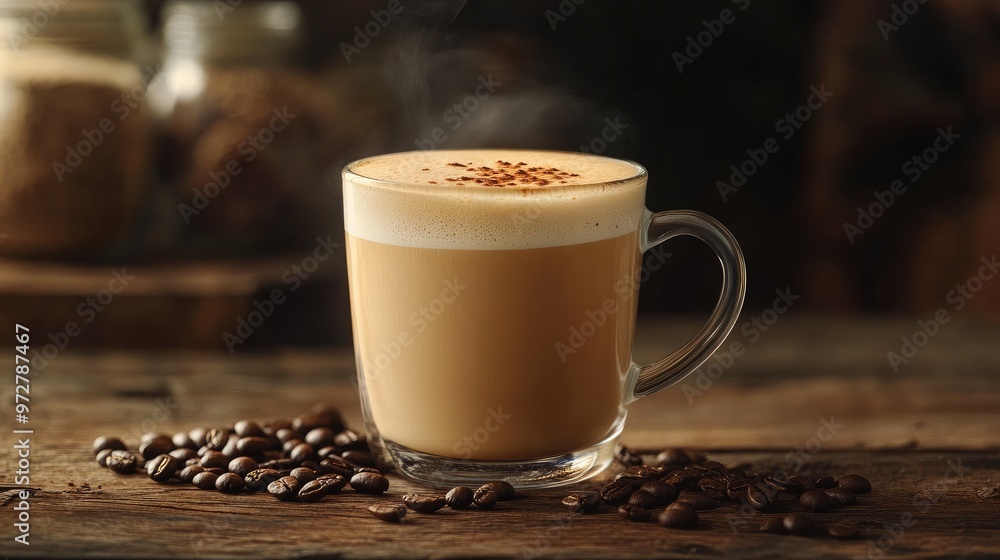 A steaming cup of coffee with frothy milk foam, placed on a rustic wooden table with coffee beans scattered around A steaming cup of coffee with frothy milk foam, placed on a rustic wooden table with coffee beans scattered around