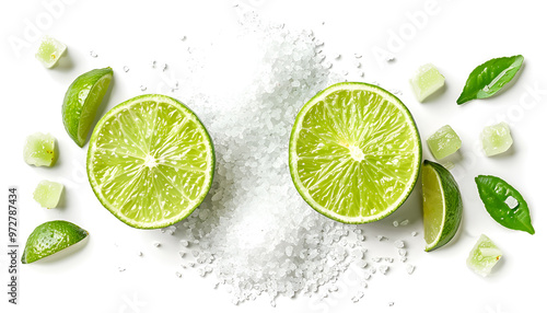 Cut lime and salt isolated on white. Margarita cocktail ingredients