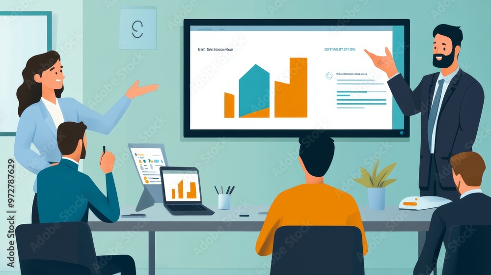 Business Meeting Presentation with Data Analysis on Screen Business Meeting Presentation with Data Analysis on Screen