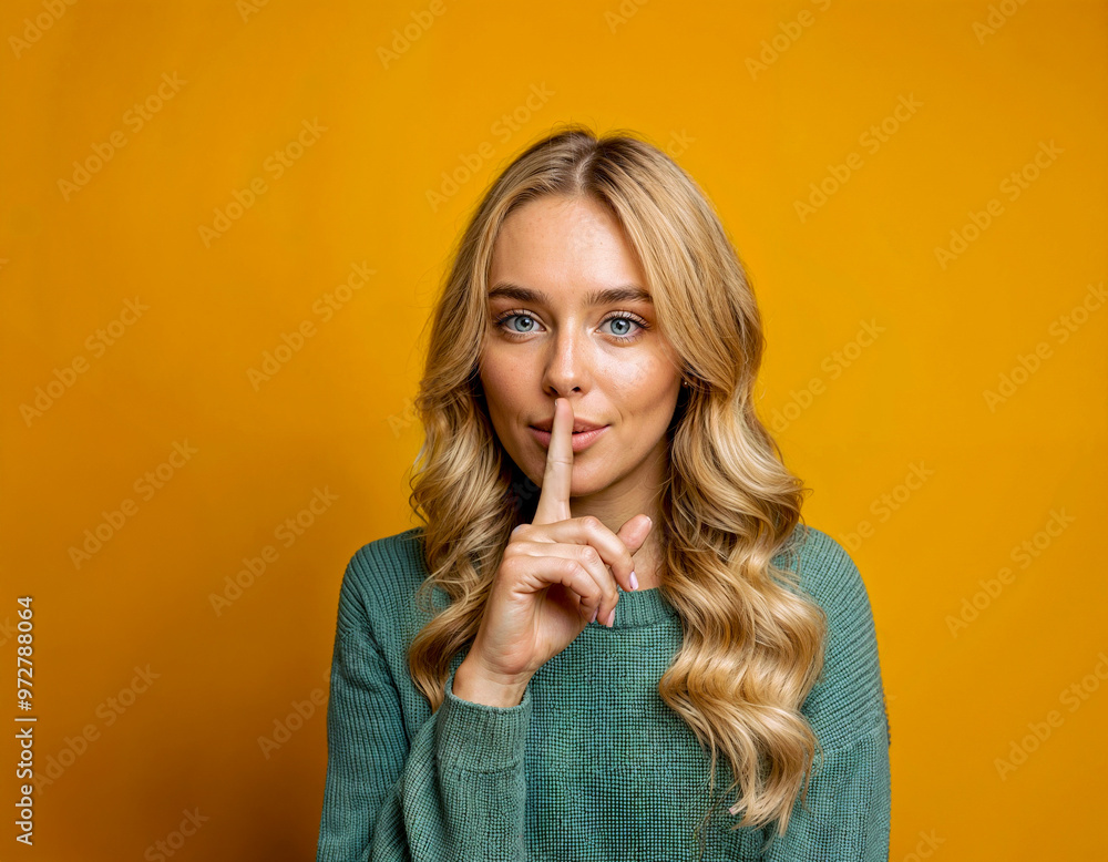Young woman with her finger to her lips asking us to keep a secret Young woman with her finger to her lips asking us to keep a secret