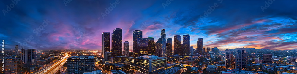 Modern cityscape of Los Angeles City with skyscrapers and highways, Los Angeles river in the background at dusk, illuminated by street lights. A Vincent Thomas bridge connecting two parts of downtown Modern cityscape of Los Angeles City with skyscrapers and highways, Los Angeles river in the background at dusk, illuminated by street lights. A Vincent Thomas bridge connecting two parts of downtown