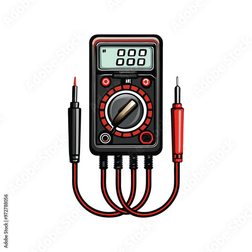 Illustration of a black digital multimeter with red and black probes.