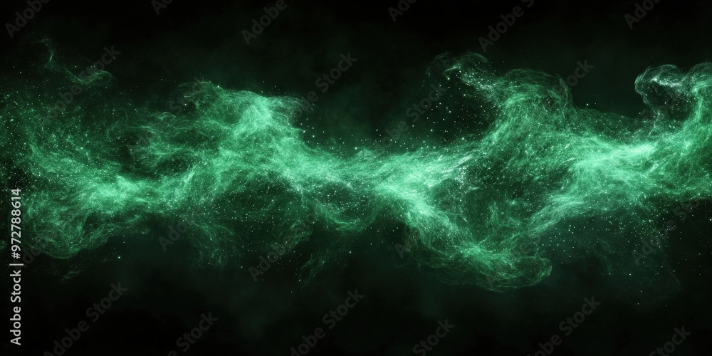 Abstract glowing green dust particles floating on a dark black background, creating an ethereal and otherworldly scene with swirling cosmic energy, evoking futuristic and sci-fi visual aesthetics
Abstract glowing green dust particles floating on a dark black background, creating an ethereal and otherworldly scene with swirling cosmic energy, evoking futuristic and sci-fi visual aesthetics