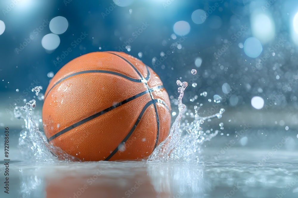 Close-up of a basketball in water, with splashes and drops around it. In the background is a blurred Close-up of a basketball in water, with splashes and drops around it. In the background is a blurred