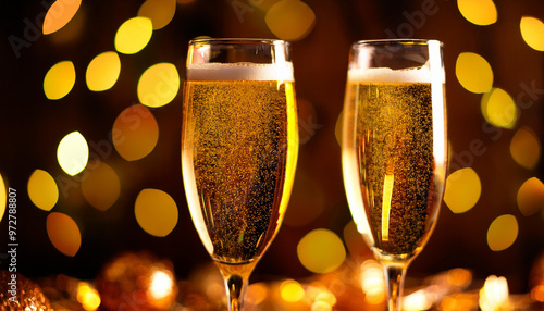 Glasses of champagne with golden bokeh on background. Alcoholic drink. Tasty festive beverage.