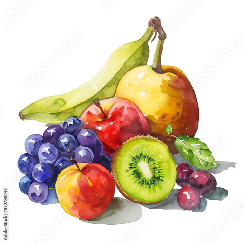 Watercolor painting of a vibrant fruit still life with apples, pears, bananas, grapes, cherries
