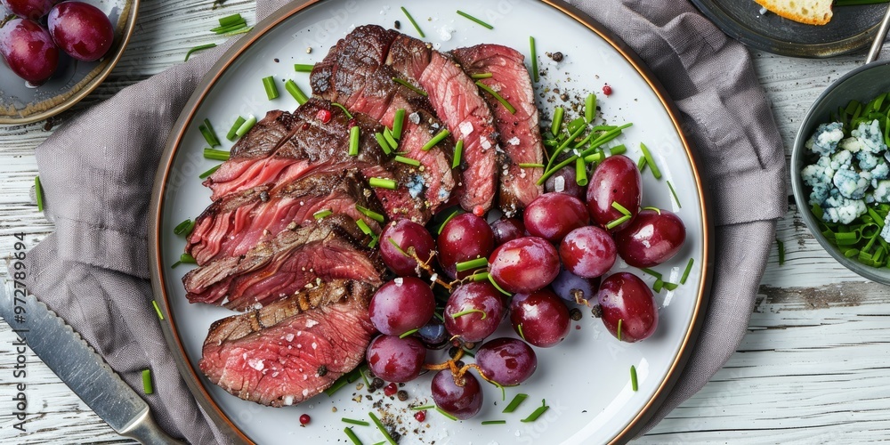 Roast Beef Steak Accompanied by Red Grape Salad, Blue Cheese, and Chives on a Vertical Display Against a Light Wooden Surface Roast Beef Steak Accompanied by Red Grape Salad, Blue Cheese, and Chives on a Vertical Display Against a Light Wooden Surface